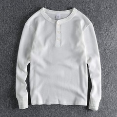 Retro Thread Cuff Knitted Waffle T-Shirt Men’s Long Sleeve Henry Collar Shirt