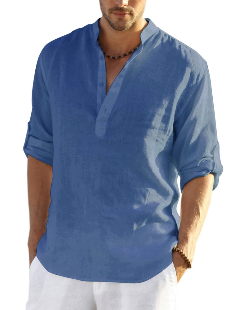 Men’s Cotton Hemp Long Sleeve Casual Beach Henley Shirt(DENIMN BLUE,L)