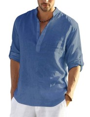 Men’s Cotton Hemp Long Sleeve Casual Beach Henley Shirt(DENIMN BLUE,L)