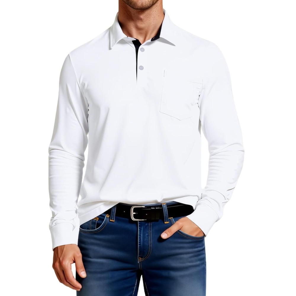 Men’s Long Sleeve Polo Shirt Pocket Regular Fit Contrast Collar Large