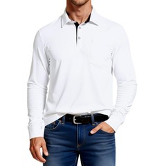 Men’s Long Sleeve Polo Shirt Pocket Regular Fit Contrast Collar Large