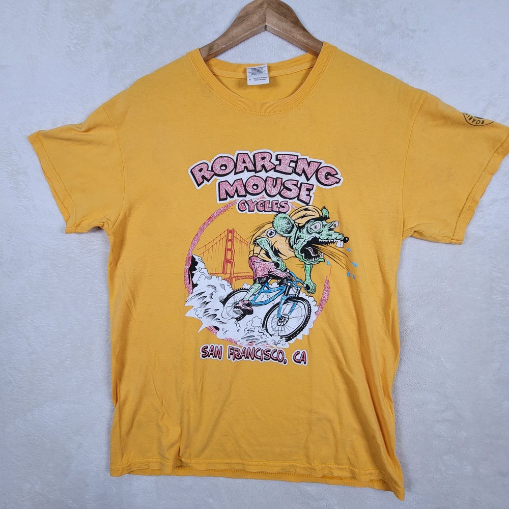 Vintage Rat On Bike T-Shirt Gildan Heavy Cottton Big Logo Graffiti Yellow Size M