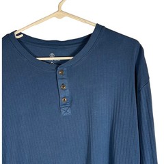 Lands End Mens XL Blue Ribbed Long Sleeve Henley Shirt 100% Cotton Casual Top