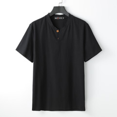 Men’s Stand-up Collar Short Sleeve Cotton Hemp Summer T-shirt Loose Linen V-neck