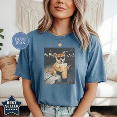 Funny Shiba Inu Drinking Iced Coffee Shirt, Animal Meme Tee T-Shirt