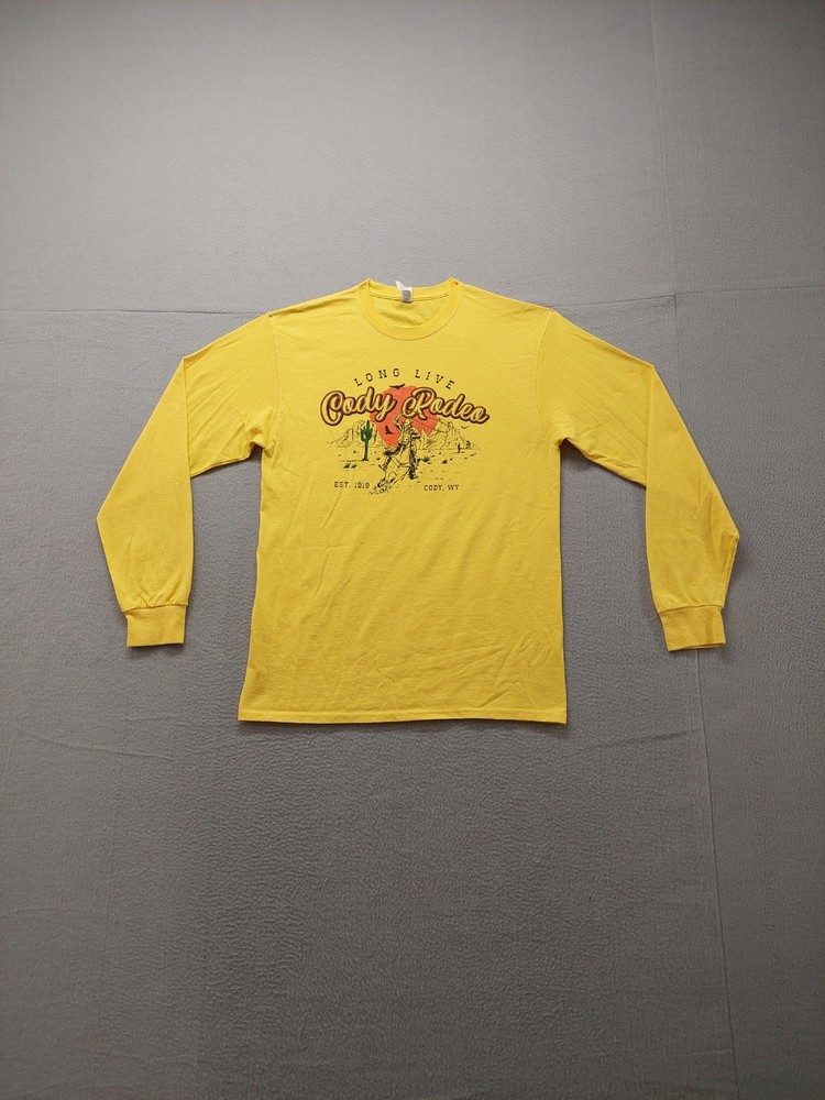 Jerzees Dri Power Men Shirt M Yellow Graphic Tee Long Sleeve Crew Neck Regular