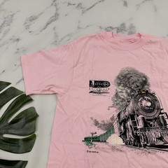 Rail Fair Sacramento Mens Vintage 90s Graphic Tee Size M Pink Train Engine 3751
