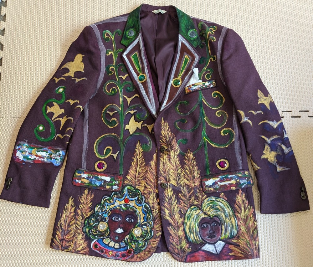 Artisan OOAK Upcycled Hand painted Blazer Jacket Colorful People Jewels 23″ PTP