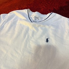 Polo Ralph Lauren V Neck White Top Navy Collar Large