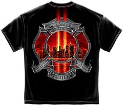 New FIREFIGHTER T SHIRT 9/11 TRIBUTE HEROES- BLACK RED TOWERS LICENSED SHIRT