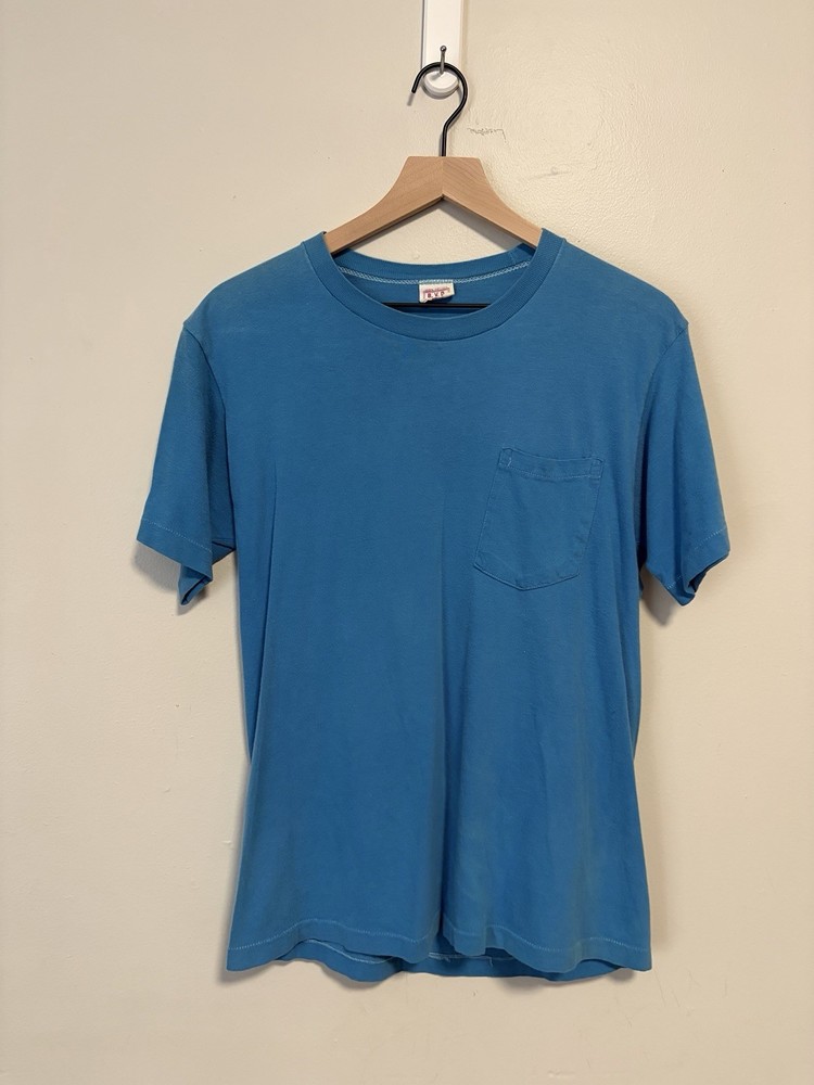 Vintage 1960s Blue BVD Selvedge Pocket T Shirt Size Large Distressed USA Faded
