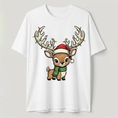 Cute Baby Reindeer T-Shirt Christmas Lights Santa Hat Kawaii Animal Holiday Gift