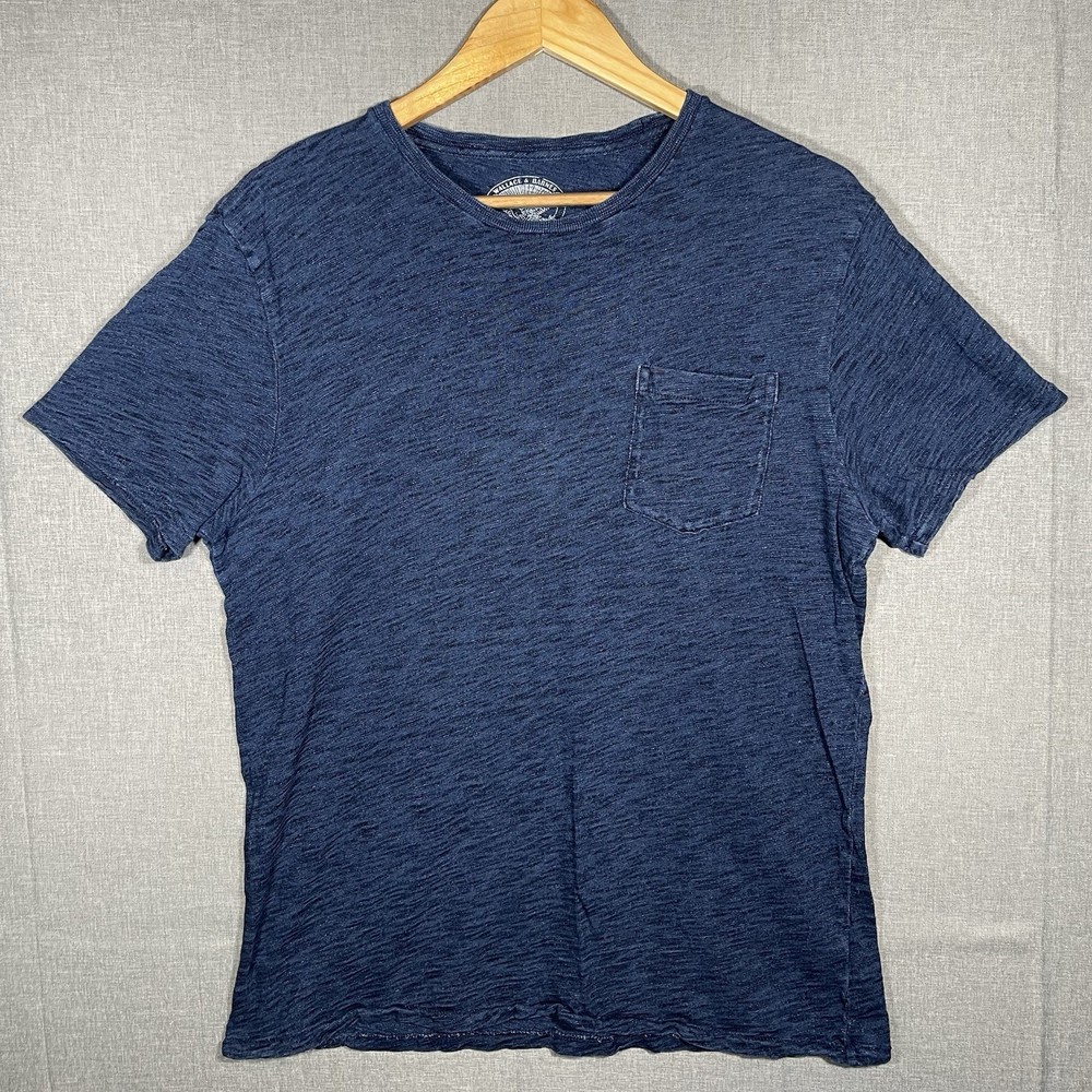 Wallace & Barnes Shirt Mens Large Indigo Blue Short Sleeve Pocket Crew Neck