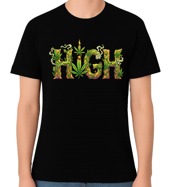 High Weed Leaf Typography Funny Stoner Graphic Marijuana Joint T-Shirt