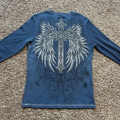 Vintage No Boundaries Thermal Shirt Size L Blue Y2K Skull Cross Wings Cyber Punk
