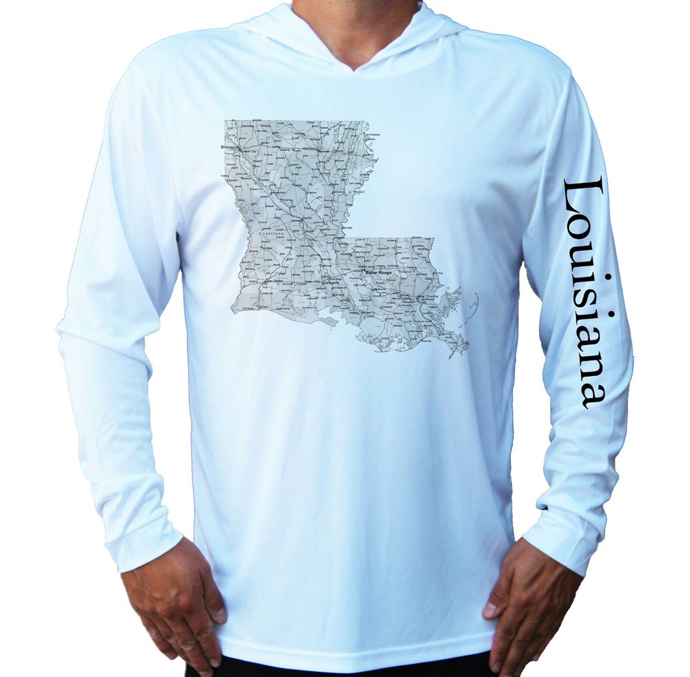Louisiana State Map Sport UV Protected UPF 50 Long Sleeve T-Shirt Hood Fishing