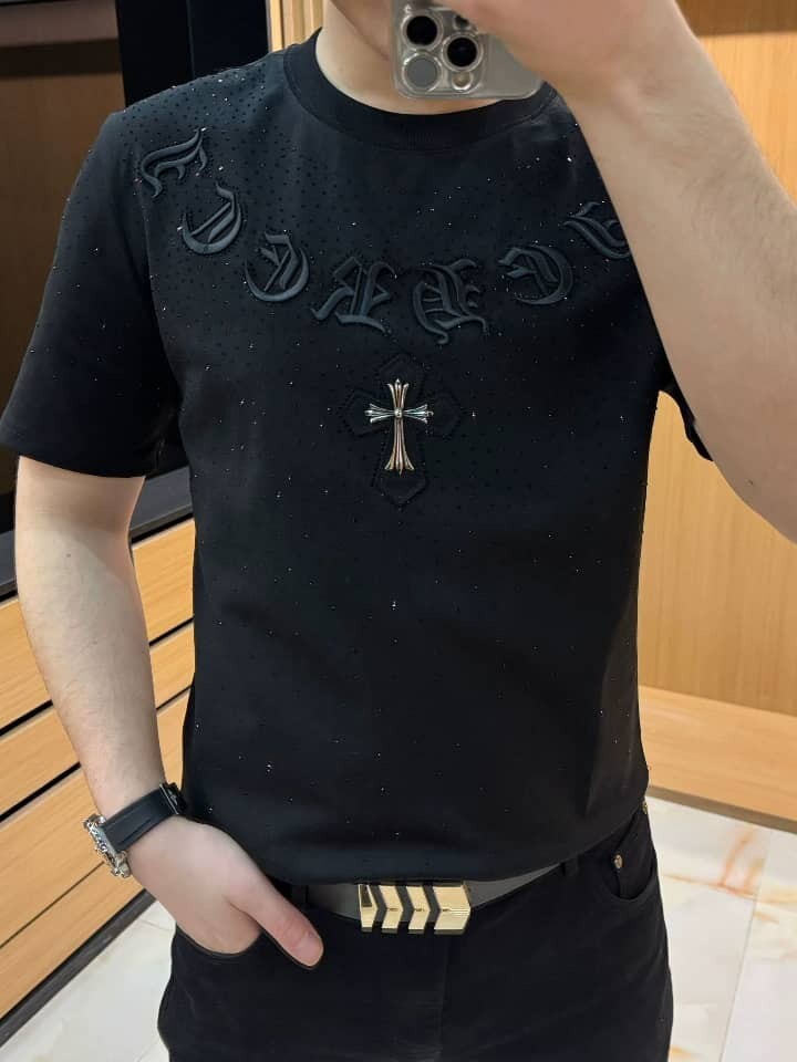 New Fashion Men Trend Cross Drills Rhinestone Diamond Streetwear Luxury T-Shirt