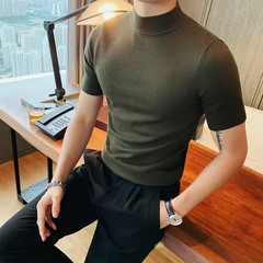 High Quality Men Half Turtleneck Knitted T Shirts Mens Autumn Short Sleeve Slim