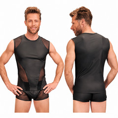 Men’s Black Mesh Wetlook Sleeveless Shirt Clubwear Tank Top