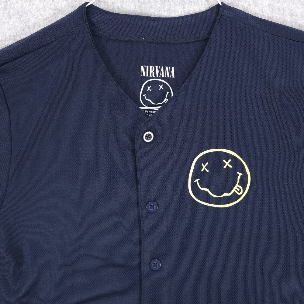 Nirvana Smiley Face Cobain Blue Mesh Graphic Button Jersey Shirt Mens Small