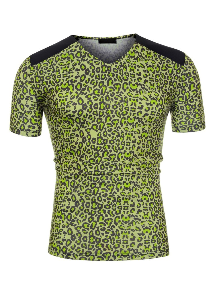 Men’s V Neck Animal Print Short Sleeves T-Shirt Tops Green Black S
