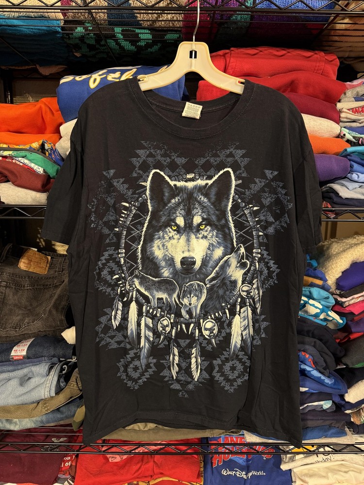 Wolf Dreamcatcher Shirt Mens Large Black Fruit Of The Loom Graphic Tee Top