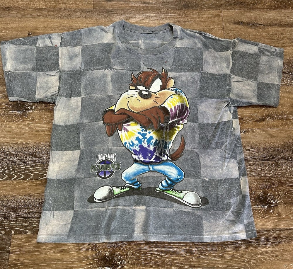 Vintage 90s Tazmanian Devil Looney Tunes Flashback Checkered Tshirt Size XL