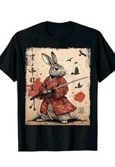Samurai Rabbit Anime T-Shirt Japanese Retro Manga Graphic Streetwear Tee