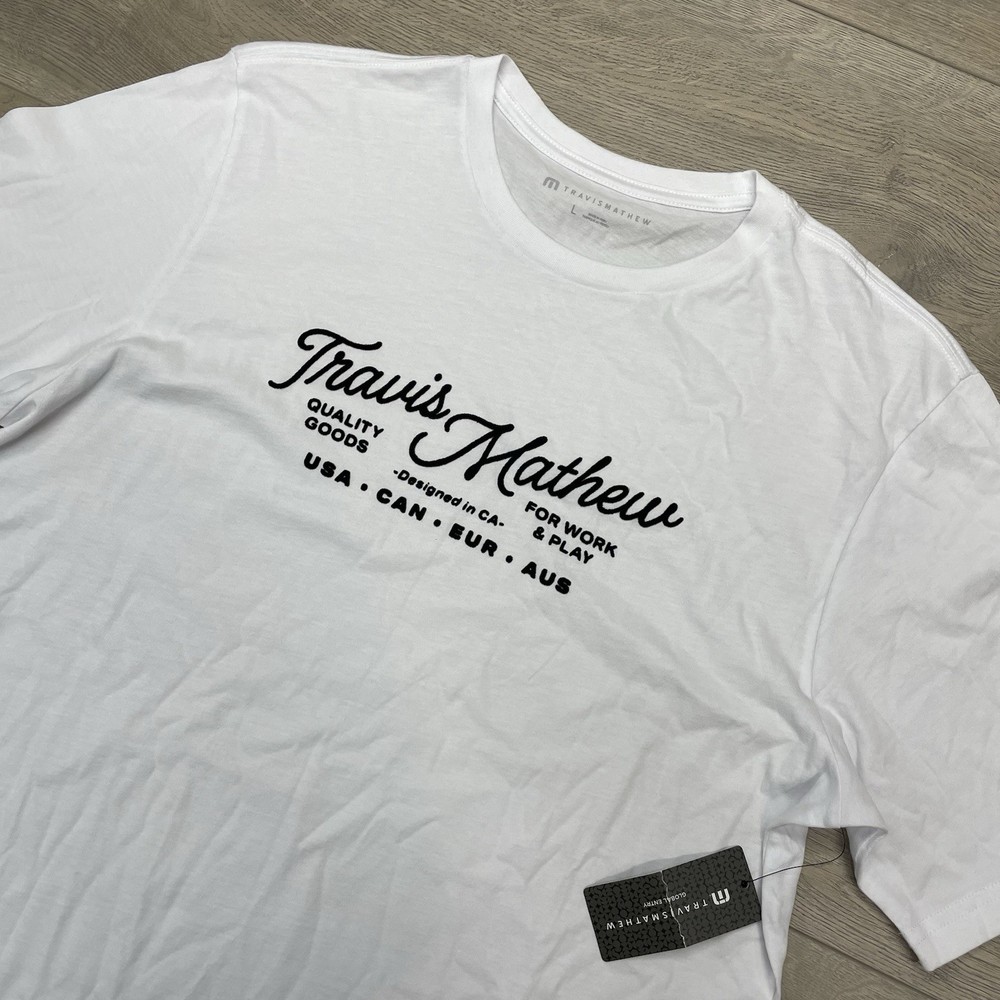 NWT Travis Mathew Whte Cursive Script T Shirt Men Sz L Casual Prep Golf