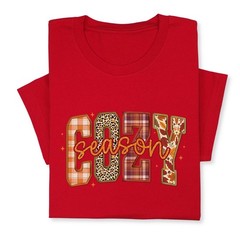 Cozy Season Fall T-Shirt – Autumn Plaid & Leopard Patchwork Tee