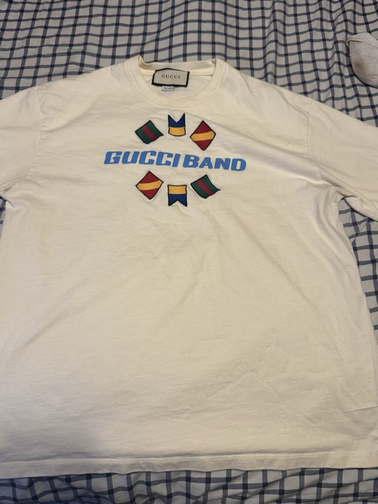 Gucci Band White Embroidered Logo Graphic Print Men’s Jersey T-Shirt Size L