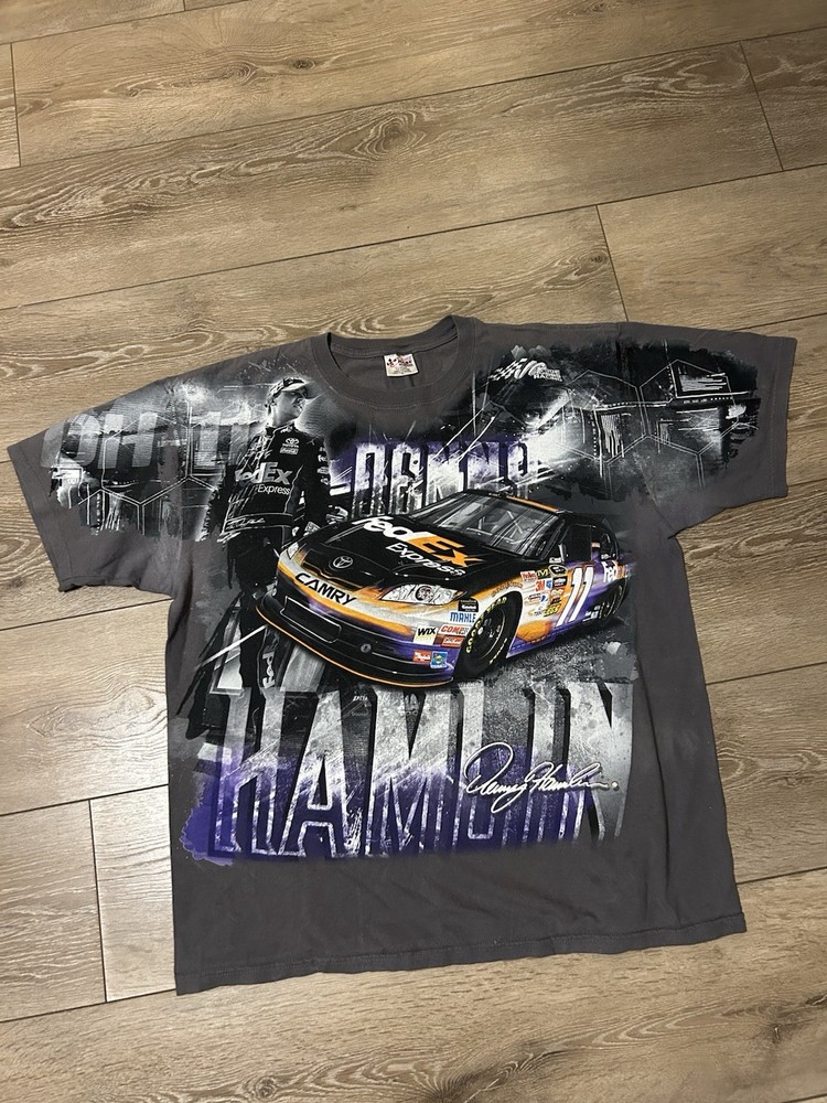 Nascar AOP Denny Hamlin Vintage Y2K Fed Ex Racing Streetwear Rare Tee Size XL