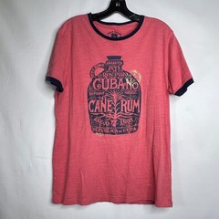 Lucky Brand Ron Puro Cubano Cane Rum Graphic Ringer Tee Mens M Retro Pink Red
