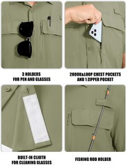 Mens Fishing Shirt Cool Hiking Button Up Quick Dry Short Sleeve UPF50+ Sun Shirt