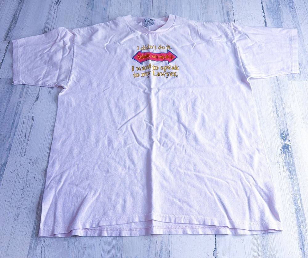90s I Didnt Do It Funny Pink/White Tee Size Large Single Stitch 1994 Cal Cru USA