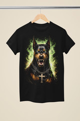 Doberman Cross Graphic T-Shirt | Green Flame Angry Dog Art | Black Tee