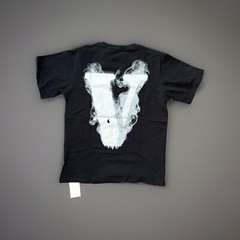 Black Round Neck V Lone T Shirt Angel Smoke White Print 100% Cotton Sz Large