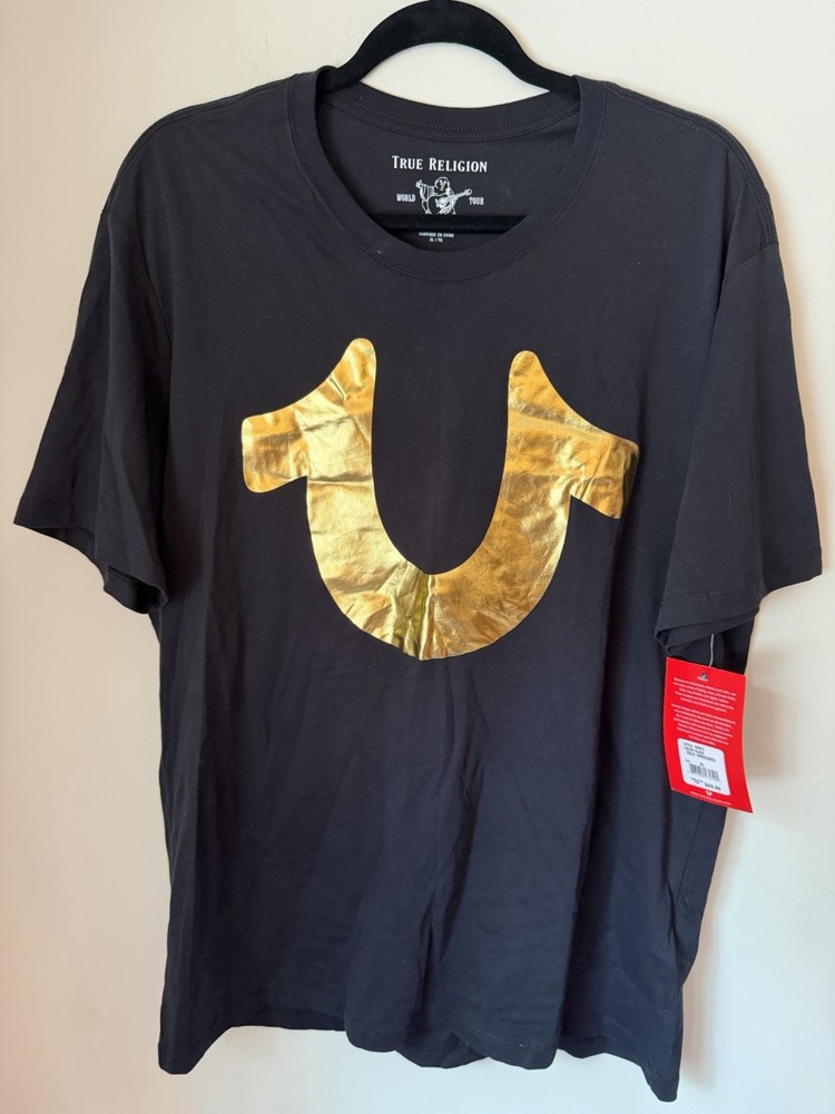 True Religion Mens XL Black T Shirt Gold Foil Horseshoe Logo Graphic NWT Tee