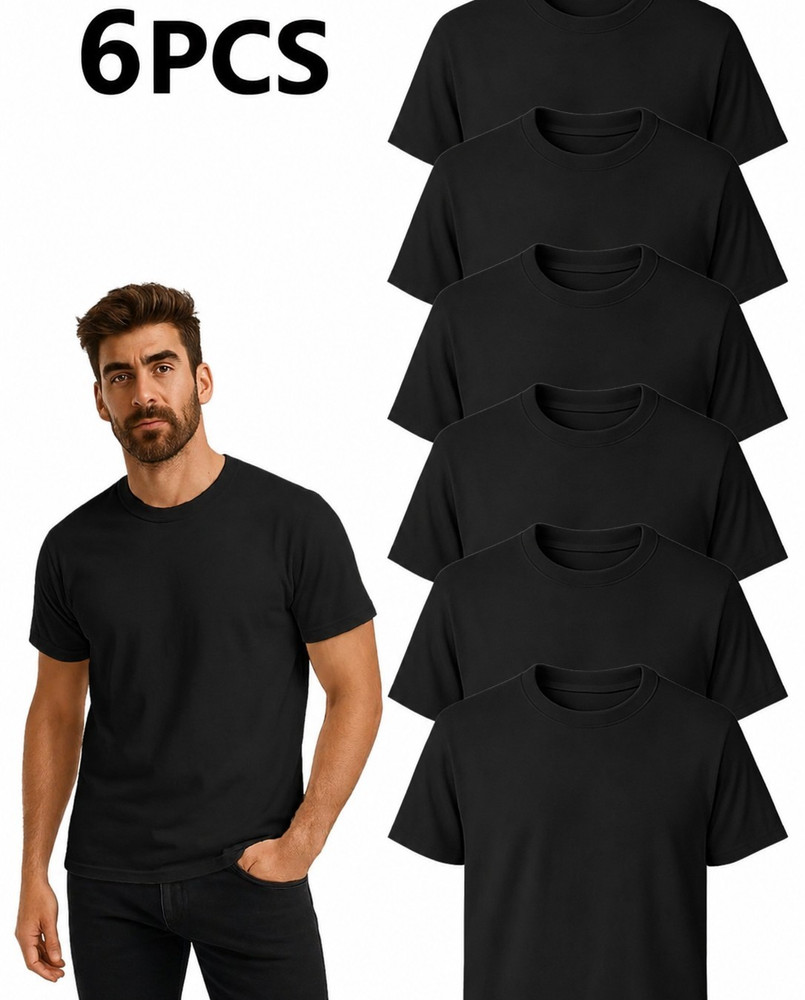 Men’s 6 Pack Black Crew Neck T-Shirts Regular Fit 220 GSM Casual Tees small-XL