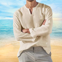 Men’s Shirt Long Sleeve Cotton Linen T-shirt V-Neck Solid Breathable Casual NEW