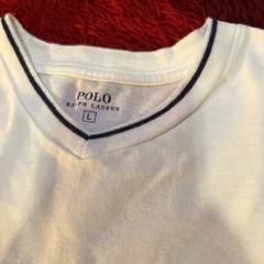 Polo Ralph Lauren V Neck White Top Navy Collar Large