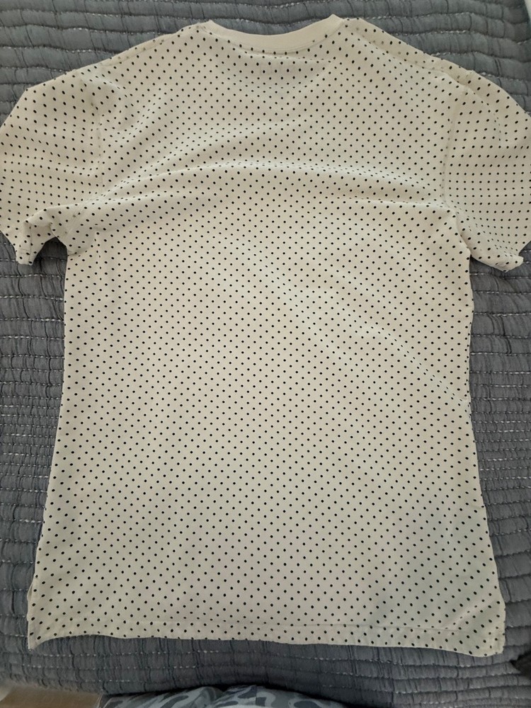 Bylt split hem shirt. Bone with navy polka dots. Large