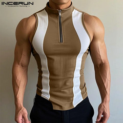 Tops 2025 American Style Fashion Men’S Spliced Contrast Zipper Design Vests Summ