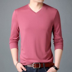 Men T-Shirt Long-Sleeved V-Neck Pure Color Casual Tee Shirt Pullover Tops