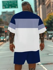 Men’S Plus Size Two-Piece Sportswear Set – Green & White Color Block, 3D Printed