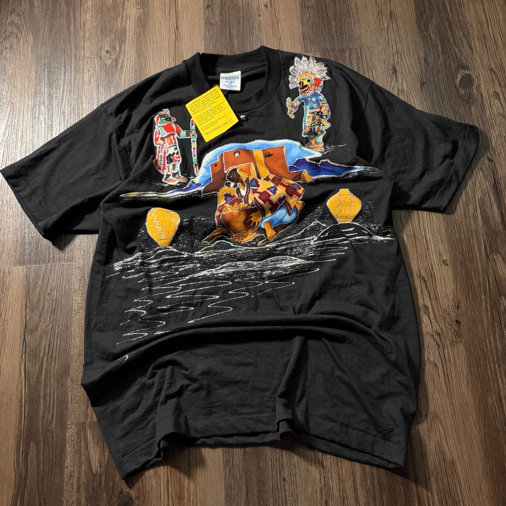 Handpainted Applique Native American Kachina T-Shirt Black Mens