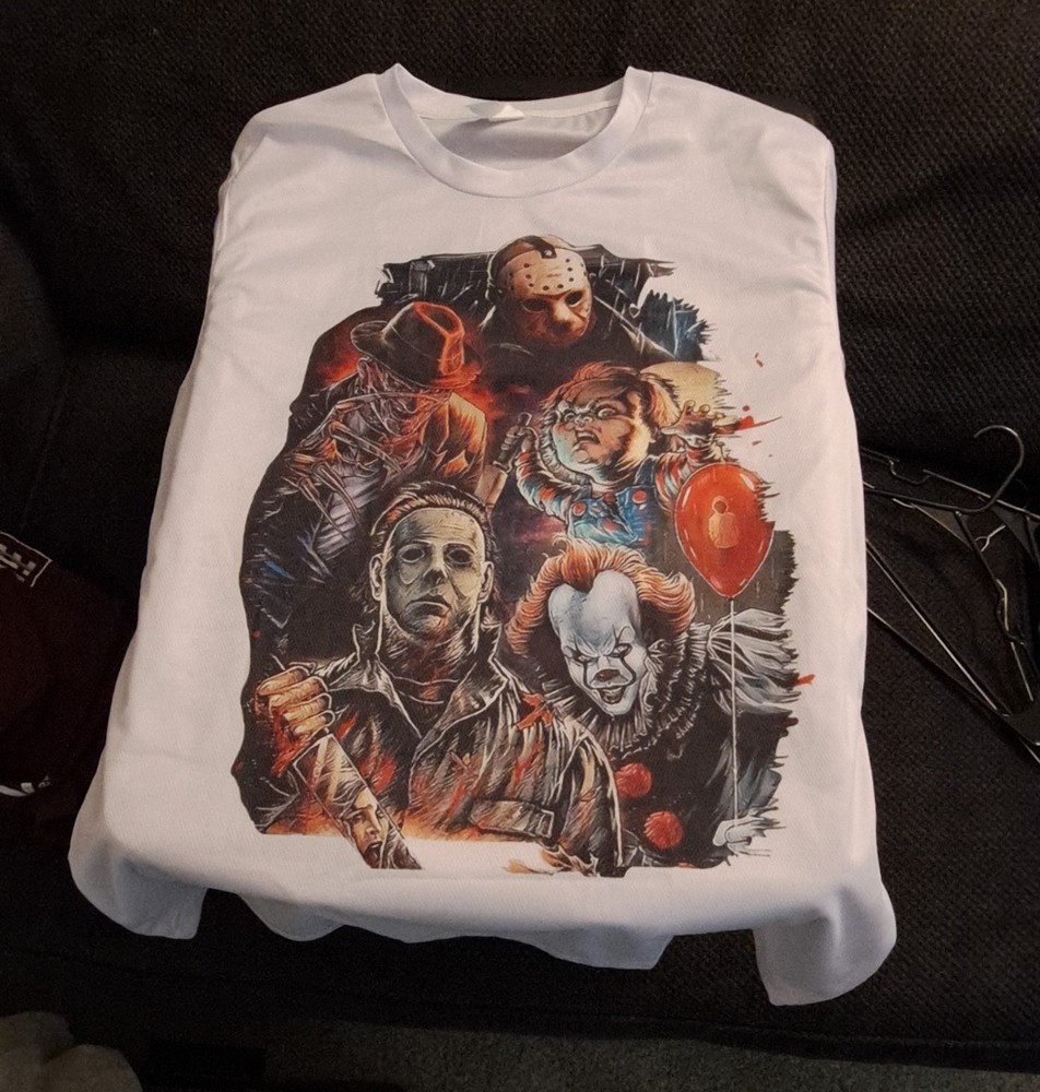 Men’s White Horror Movie Characters Jason Myers Pennywise Graphic Tee Size L