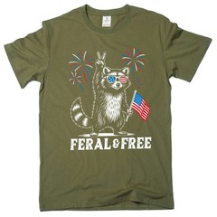 4th of July funny racoon feral and free tshirt free patriotic USA flag funny tee