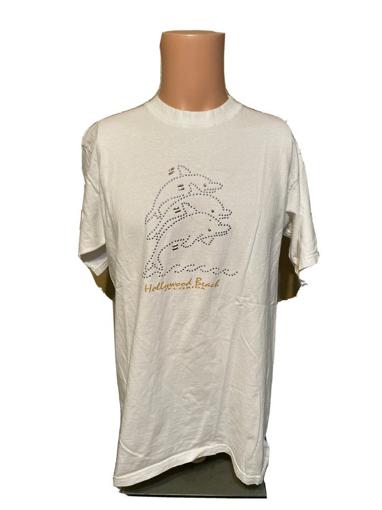 Vintage 90’s Rhinestone Dolphin Hollywood Beach Florida White Shirt Size Large