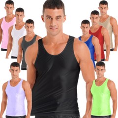 Men Glossy Tank Tops Sleeveless T-Shirt Swim Gym Fitness Workout Vest Sportswear